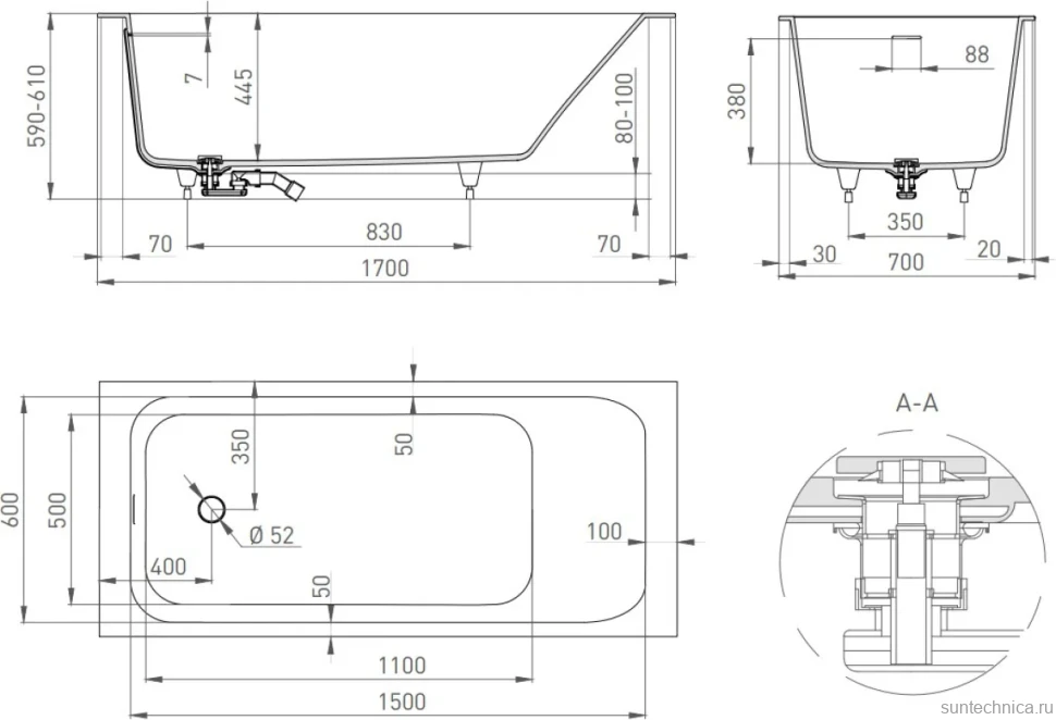 Ванна из искусственного камня Salini Orlanda Kit 170x70 см, встраиваемая, матовая белая, на ножках, со сливом-переливом