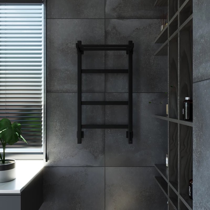 Полотенцесушитель электрический Grota Tela 430х800 RAL9005 EL 80x45 см, подключение справа, слева, скрытое подключение справа, матовый черный, лесенка, из стали, с полкой
