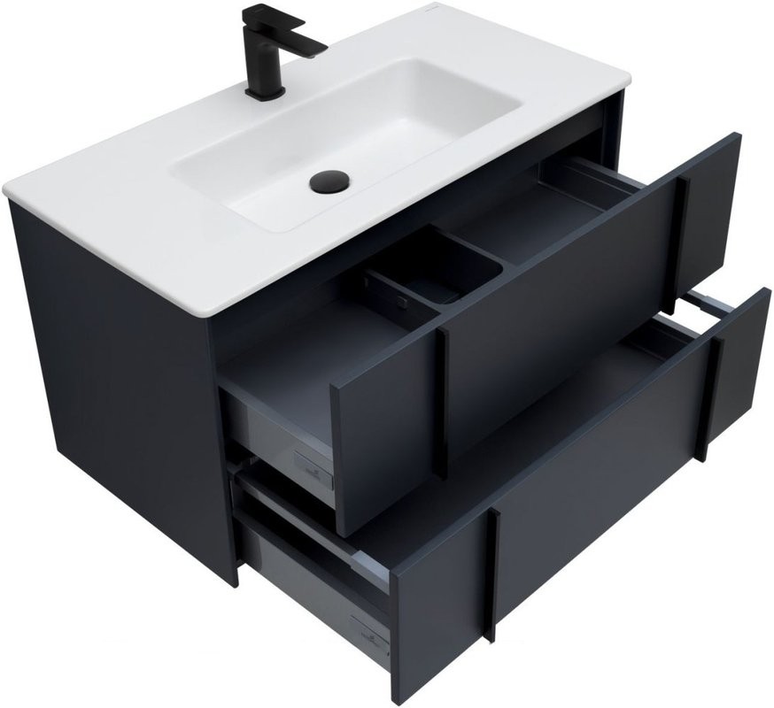 Мебель для ванной комнаты Allen Brau Reality 90 подвесная, антрацит матовый, раковина Fantasy Flat 92x47, без перелива, белая