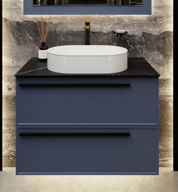 Тумба под раковину со столешницей La Fenice Elba Twin Blu Grigio 90 подвесная, синяя матовая, столешница черный мрамор