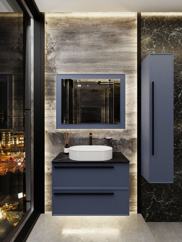 Тумба под раковину со столешницей La Fenice Elba Twin Blu Grigio 90 подвесная, синяя матовая, столешница черный мрамор