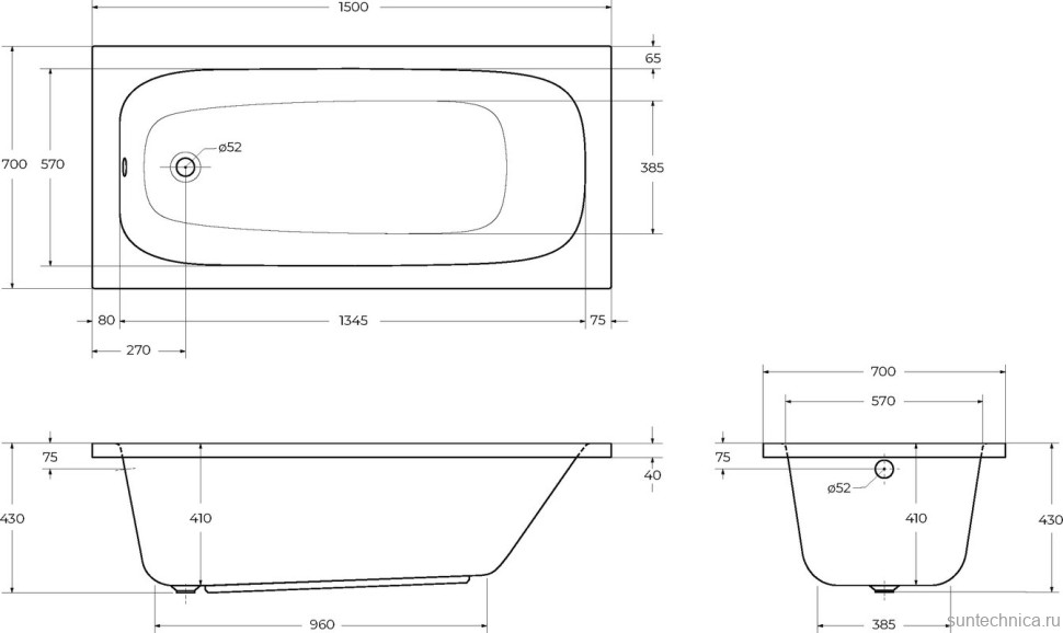 Акриловая ванна Cezares Eco 150x70 см, пристенная, белая, с каркасом