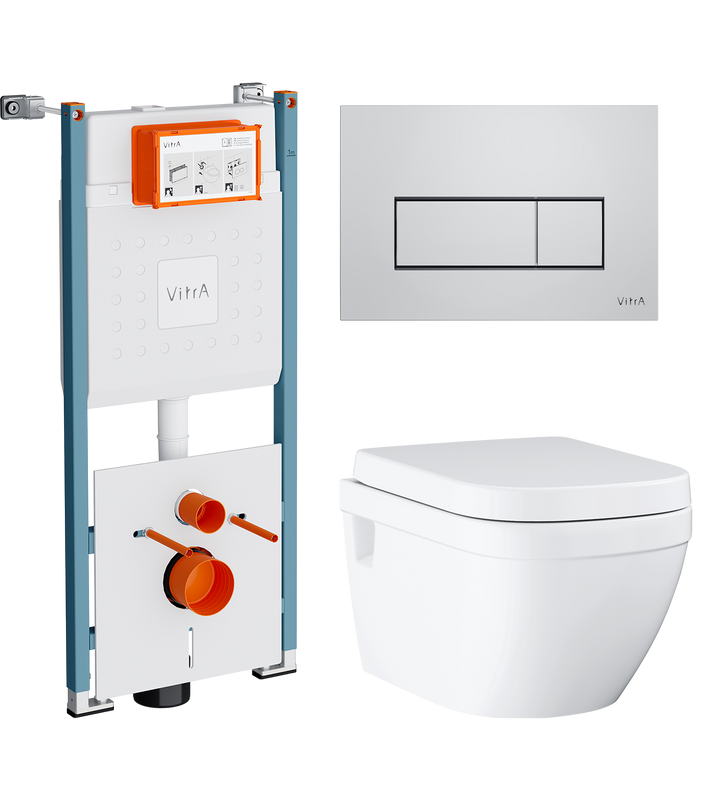 Комплект Унитаз подвесной Grohe Euro Ceramic 39703000 безободковый + Инсталляция VitrA V-Fix Core 732-5800-01PV + Кнопка Root Square 740-2380 хром