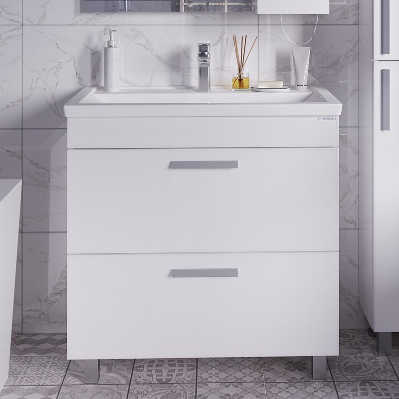 Тумба под раковину без столешницы Grossman Neo 80 пленка, с ящиками, глянцевая белая