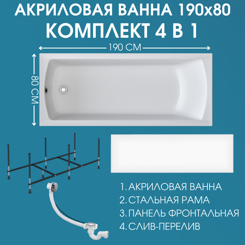 Комплект Акриловая ванна 1MarKa Modern MG Премиум 190x80 см, пристенная, белая, с экраном, со сливом-переливом