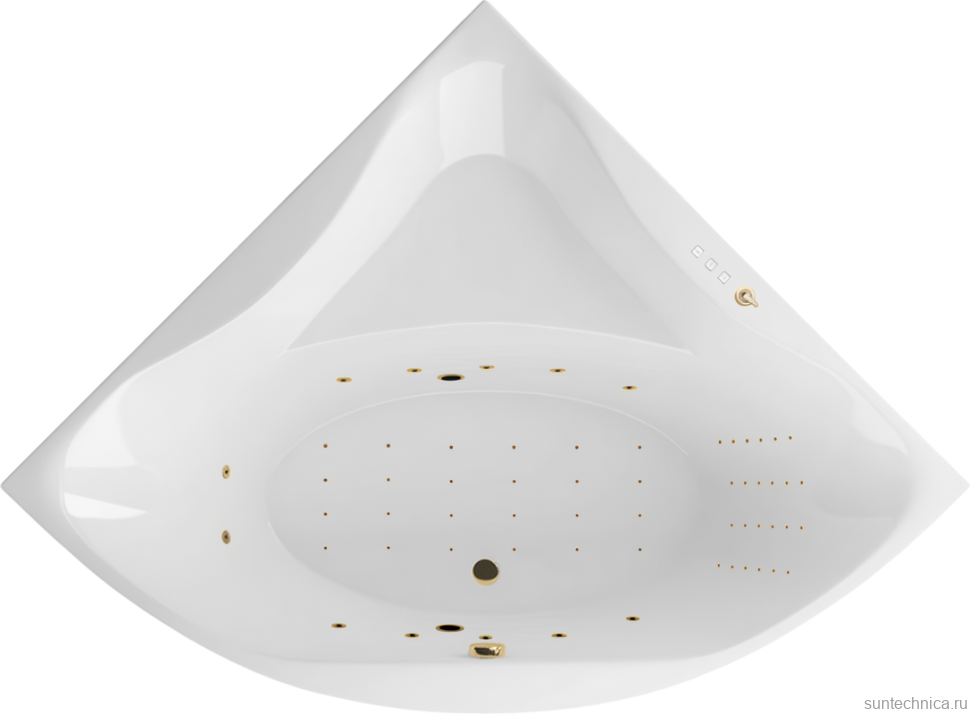Акриловая ванна Excellent Glamour Nano 150x150 см, угловая, встраиваемая, с гидромассажем, белая, четверть круга, с каркасом, с сиденьем, со сливом-переливом, фурнитура золото