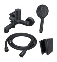 Смеситель для ванны с душем IDDIS Aiger AIGBL00i02WA + Душевая лейка Optima Home OPH3F0Bi18 + Душевой шланг OPH15BLi19 + Настенный держатель Shower Holder 080BL00i53 матовый черный