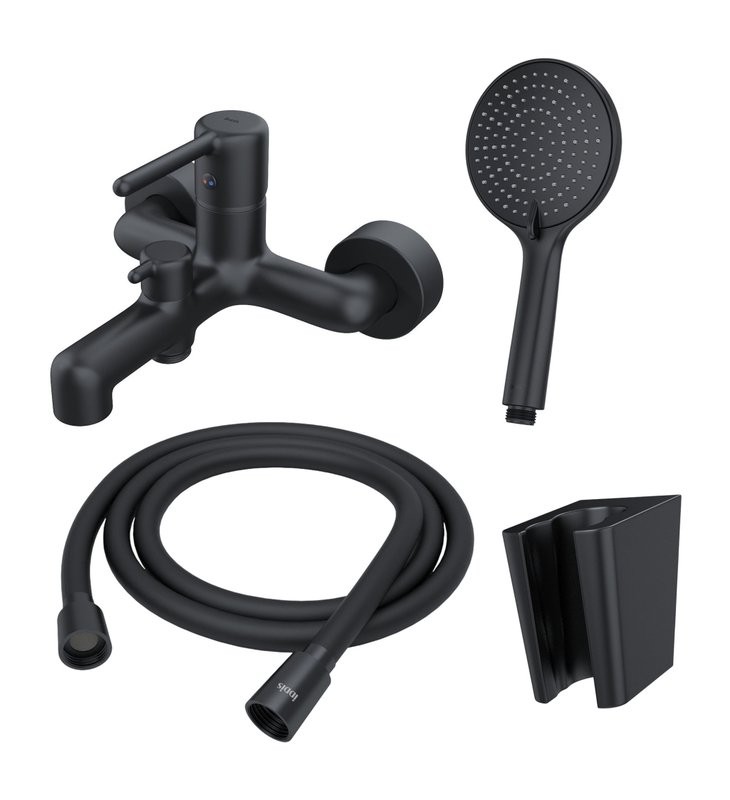 Смеситель для ванны с душем IDDIS Aiger AIGBL00i02WA + Душевая лейка Optima Home OPH3F0Bi18 + Душевой шланг OPH15BLi19 + Настенный держатель Shower Holder 080BL00i53 матовый черный