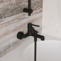 Смеситель для ванны с душем IDDIS Aiger AIGBL00i02WA + Душевая лейка Optima Home OPH3F0Bi18 + Душевой шланг OPH15BLi19 + Настенный держатель Shower Holder 080BL00i53 матовый черный