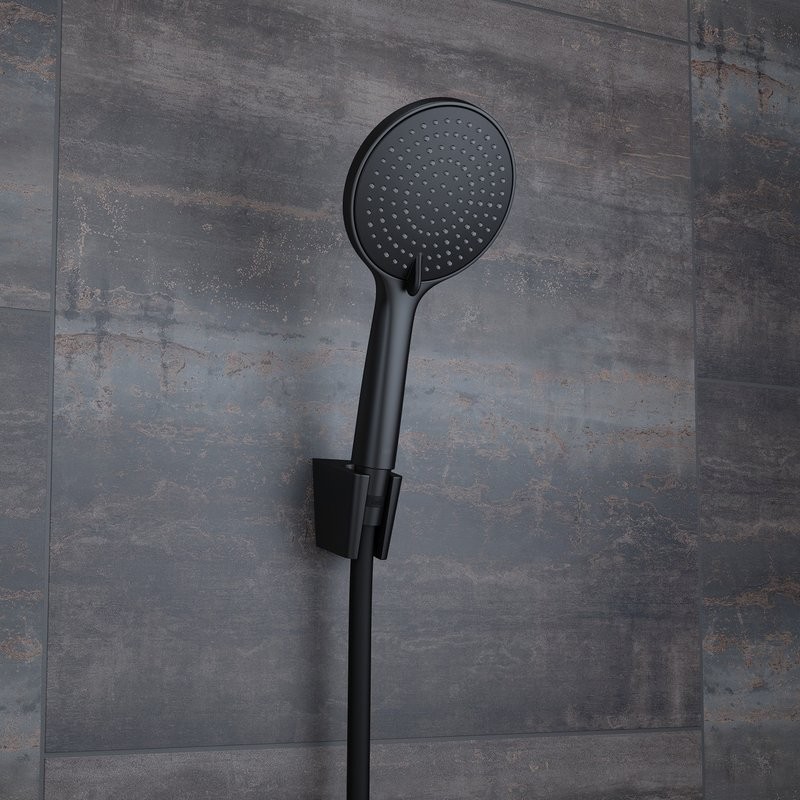 Смеситель для ванны с душем IDDIS Aiger AIGBL00i02WA + Душевая лейка Optima Home OPH3F0Bi18 + Душевой шланг OPH15BLi19 + Настенный держатель Shower Holder 080BL00i53 матовый черный