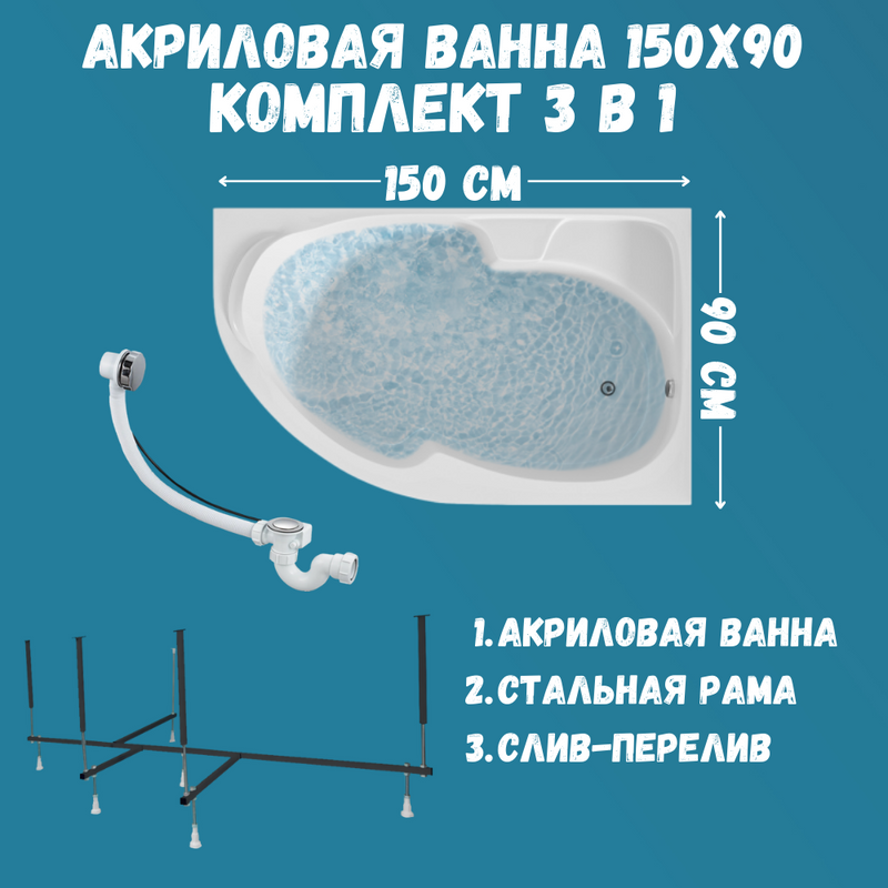 Акриловая ванна 1MarKa Diana R Стандарт 2+ 150x90 см, угловая, правая, встраиваемая, белая, асимметричная, с каркасом, с сиденьем, со сливом-переливом