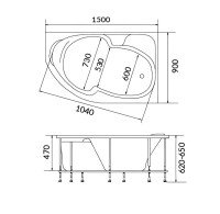 Акриловая ванна 1MarKa Diana R Стандарт 2+ 150x90 см, угловая, правая, встраиваемая, белая, асимметричная, с каркасом, с сиденьем, со сливом-переливом