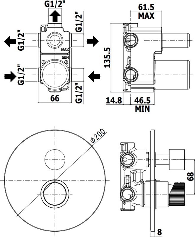 Встраиваемый смеситель для душа и ванны Paffoni JO JO019NO С ВНУТРЕННЕЙ ЧАСТЬЮ, матовый черный
