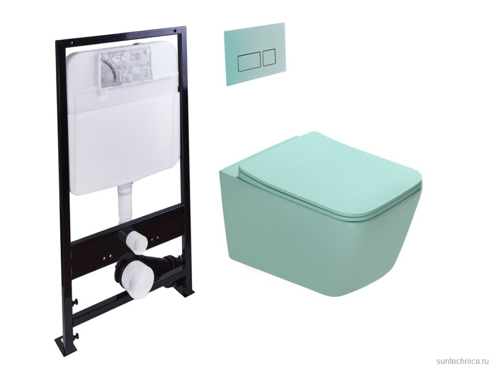 Комплект Унитаз подвесной SantiLine SL-5007LG безободковый, с микролифтом, светло-зеленый матовый + Инсталляция SantiLine SL-01 с кнопкой смыва светло-зеленой матовой
