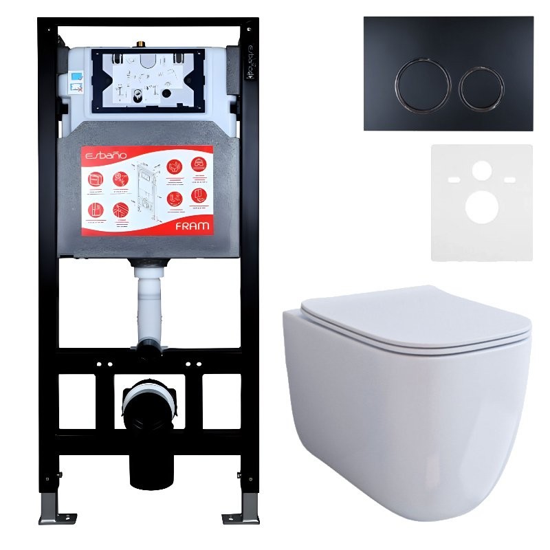 Комплект 3 в 1 Унитаз подвесной Esbano ESUPGARAW + Инсталляция Fram + Кнопка ESINKRG11MB цвет матовый черный