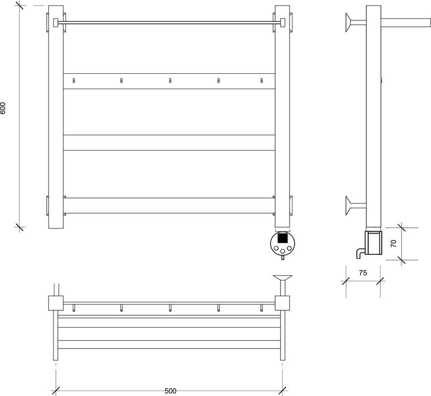 Полотенцесушитель электрический Secado Комано 1 КСП R 65x55 см, подключение справа, хром, лесенка, с полкой