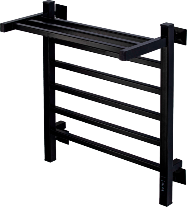 Полотенцесушитель электрический Comfysan Marte-K 012519 60x55 см, подключение справа, слева, матовый черный, лесенка, из стали, с полкой