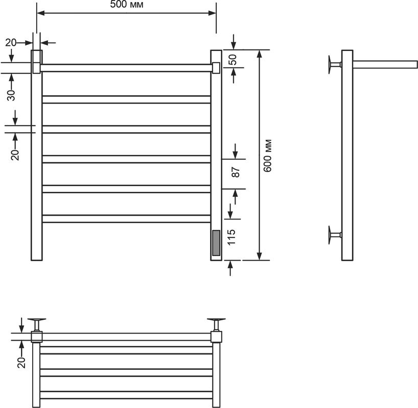 Полотенцесушитель электрический Comfysan Marte-K 012519 60x55 см, подключение справа, слева, матовый черный, лесенка, из стали, с полкой