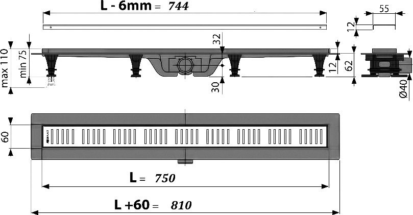 Душевой трап (лоток) AlcaPlast APZ19 APZ19-750 с решеткой и опорами