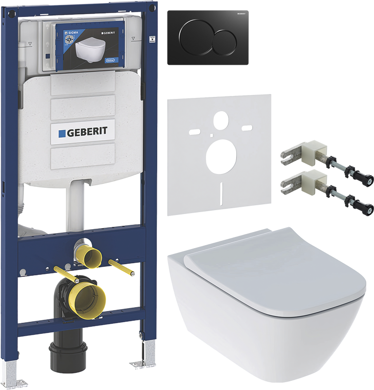 Комплект Унитаз подвесной Geberit Smyle Square 500.683.01.1 с крышкой-сиденьем с микролифтом + Крепления Duofix 111.815.00.1 к стене + Инсталляция UP 320 111.300.00.5 + Кнопка Sigma 01 115.770.DW.5 черная + Звукоизоляция