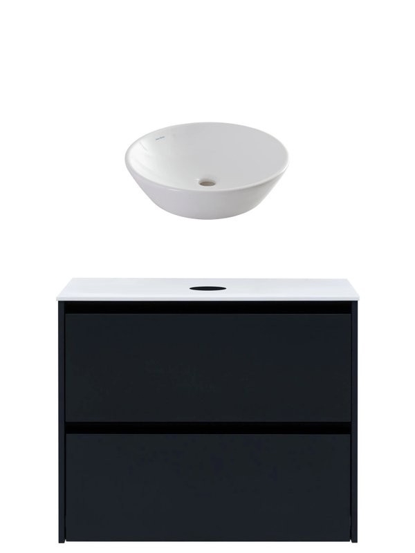 Тумба с раковиной Allen Brau Activity 80 с подсветкой, матовый антрацит, черный браш, столешница белая, раковина Fantasy Round 45, белая