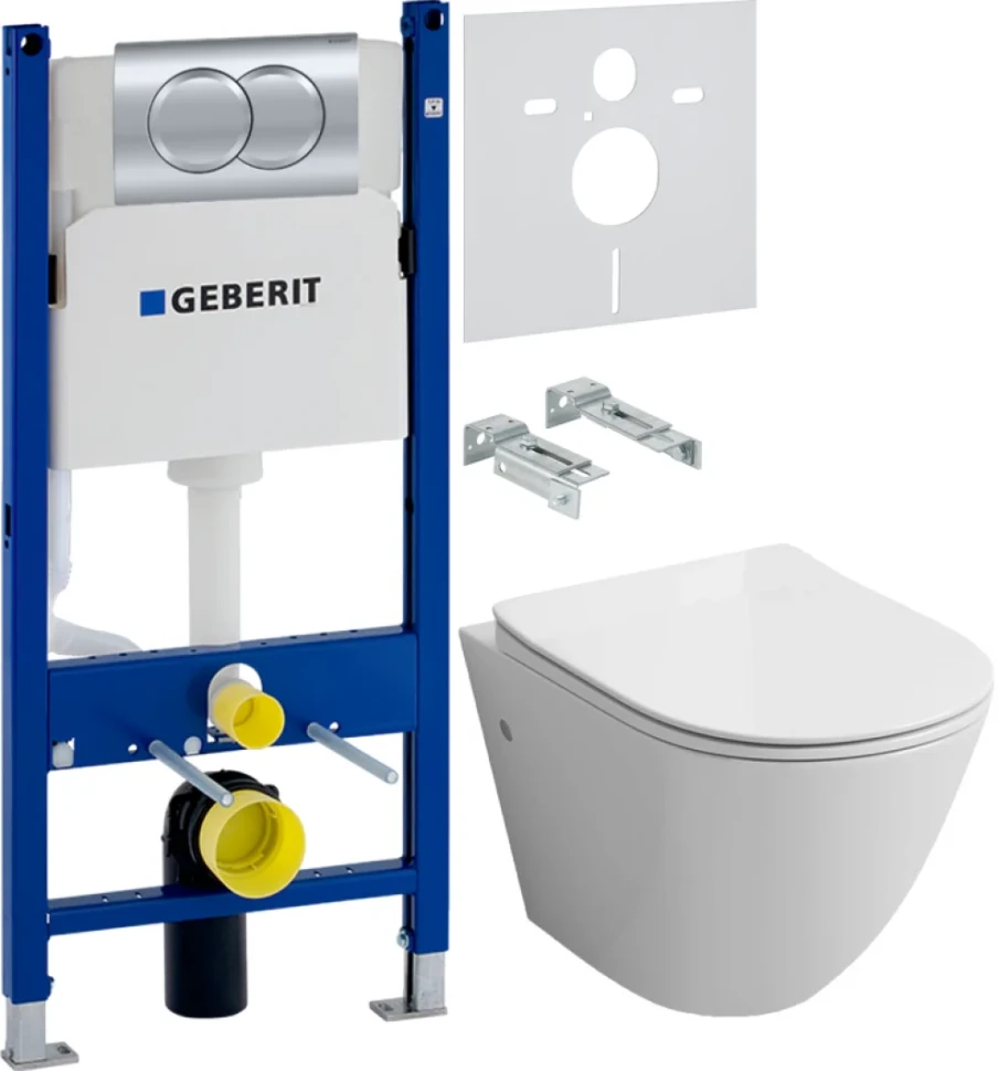 Комплект Унитаз подвесной Grossman GR-4411S безободковый + Инсталляция Geberit Duofix Delta 458.149.21.1 с кнопкой смыва, хром + Звукоизоляция