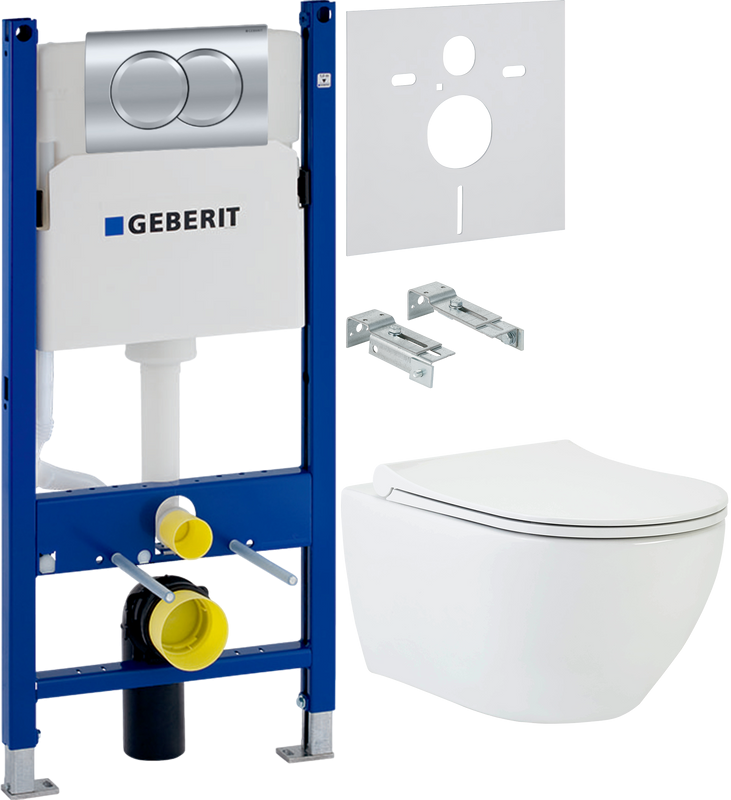 Комплект Унитаз подвесной beWash Bogen 88303601 с сиденьем микролифт, с функцией биде белый + Инсталляция Geberit Duofix Delta 458.149.21.1 с кнопкой смыва, хром + Звукоизоляция