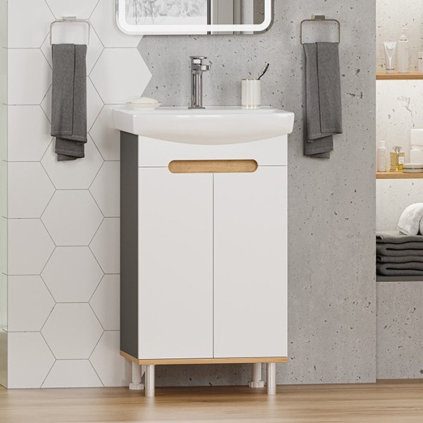 Тумба под раковину Misty Сканди 50 напольная, белая, дуб крафт золотой, антрацит