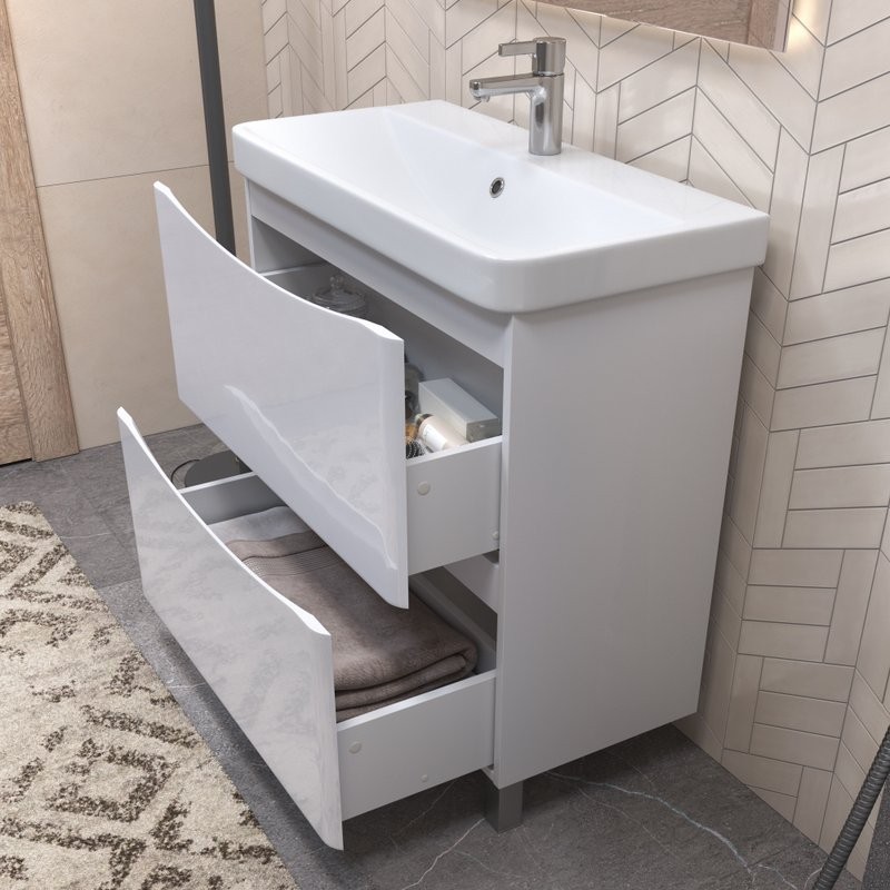 Тумба с раковиной Vigo Glem 80 напольная, 2 ящика, белая, раковина Velvex 9595 80
