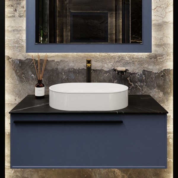 Тумба под раковину со столешницей La Fenice Elba 80 подвесная, синяя, столешница черный мрамор