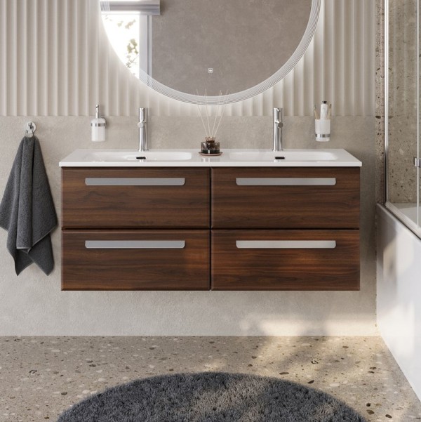 Тумба с раковиной Cezares Eco Cer-N 120 4 ящика, орех шоколад софт, раковина Eco 120, двойная, ручки серые