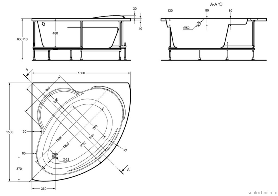 Акриловая ванна Roca Bali 150x150 см, угловая, пристенная, белая, с каркасом, со сливом-переливом