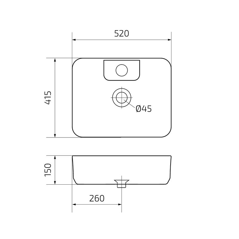 Накладная раковина GID Geometrico N9445 52 глянцевая белая, прямоугольная, фаянс, с 1 отверстием под смеситель