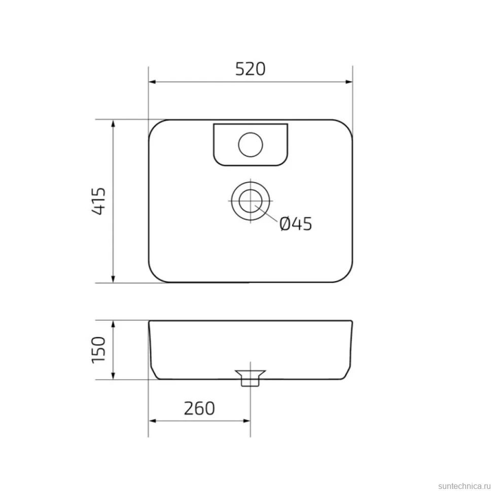 Накладная раковина GID Geometrico N9445 52 глянцевая белая, прямоугольная, фаянс, с 1 отверстием под смеситель