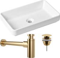 Комплект Накладная раковина Lavinia Boho Bathroom Sink Slim 33311004 + Донный клапан Wellsee Drainage System 182141000 золото + Сифон 182106000 золото