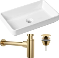Комплект Накладная раковина Lavinia Boho Bathroom Sink Slim 33311004 + Донный клапан Wellsee Drainage System 182141000 золото + Сифон 182106000 золото