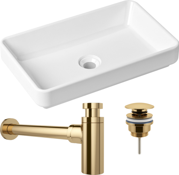 Комплект Накладная раковина Lavinia Boho Bathroom Sink Slim 33311004 + Донный клапан Wellsee Drainage System 182141000 золото + Сифон 182106000 золото