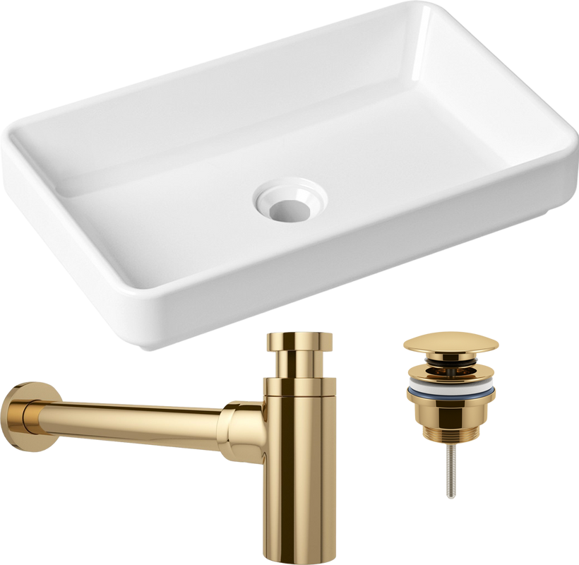 Комплект Накладная раковина Lavinia Boho Bathroom Sink Slim 33311004 + Донный клапан Wellsee Drainage System 182141000 золото + Сифон 182106000 золото
