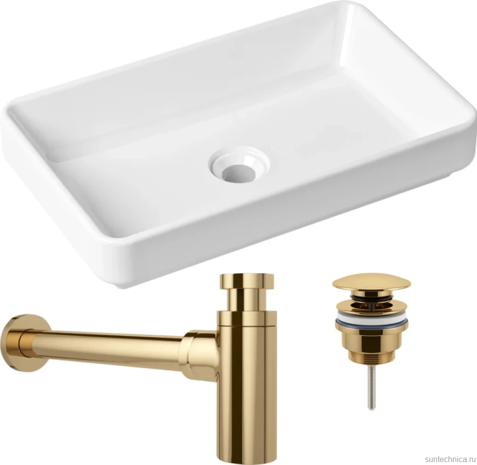 Комплект Накладная раковина Lavinia Boho Bathroom Sink Slim 33311004 + Донный клапан Wellsee Drainage System 182141000 золото + Сифон 182106000 золото