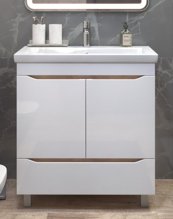 Тумба с раковиной Vigo Grani 80 напольная, 2 дверцы, 1 ящик, белая, дуб золотой, раковина Como 80
