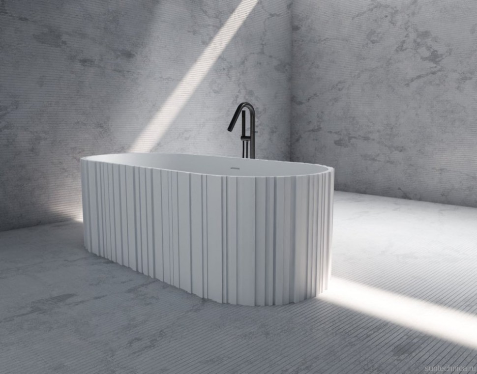 Ванна из искусственного камня Abber Stein AS9653 170x75 см, отдельностоящая, матовая белая, овальная, на ножках, с донным клапаном, фурнитура белая