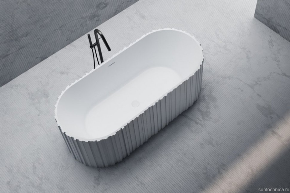 Ванна из искусственного камня Abber Stein AS9653 170x75 см, отдельностоящая, матовая белая, овальная, на ножках, с донным клапаном, фурнитура белая