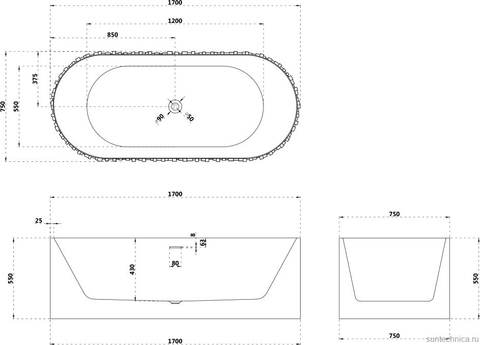 Ванна из искусственного камня Abber Stein AS9653 170x75 см, отдельностоящая, матовая белая, овальная, на ножках, с донным клапаном, фурнитура белая