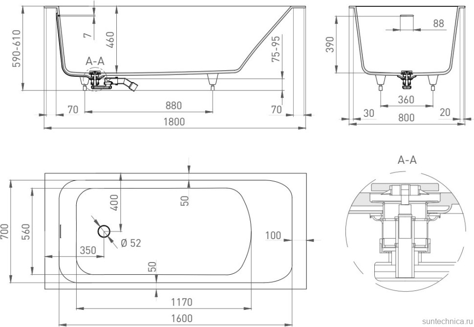 Ванна из искусственного камня Salini Orlanda Kit 180x80 см, встраиваемая, матовая белая, на ножках, со сливом-переливом