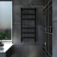 Полотенцесушитель электрический Grota Tela 430х1000 RAL9005 EL 100x45 см, подключение справа, слева, скрытое подключение справа, матовый черный, лесенка, из стали, с полкой