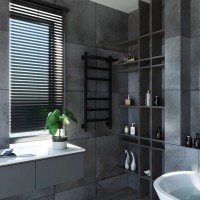 Полотенцесушитель электрический Grota Tela 430х1000 RAL9005 EL 100x45 см, подключение справа, слева, скрытое подключение справа, матовый черный, лесенка, из стали, с полкой