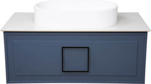 Тумба с раковиной La Fenice Cubo 90 подвесная, blu grigio, ручка черная, столешница белый мрамор, раковина белая матовая