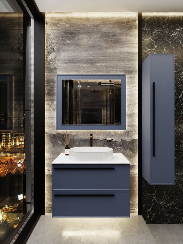 Тумба под раковину со столешницей La Fenice Elba Twin Blu Grigio 90 подвесная, синяя матовая, столешница белый мрамор