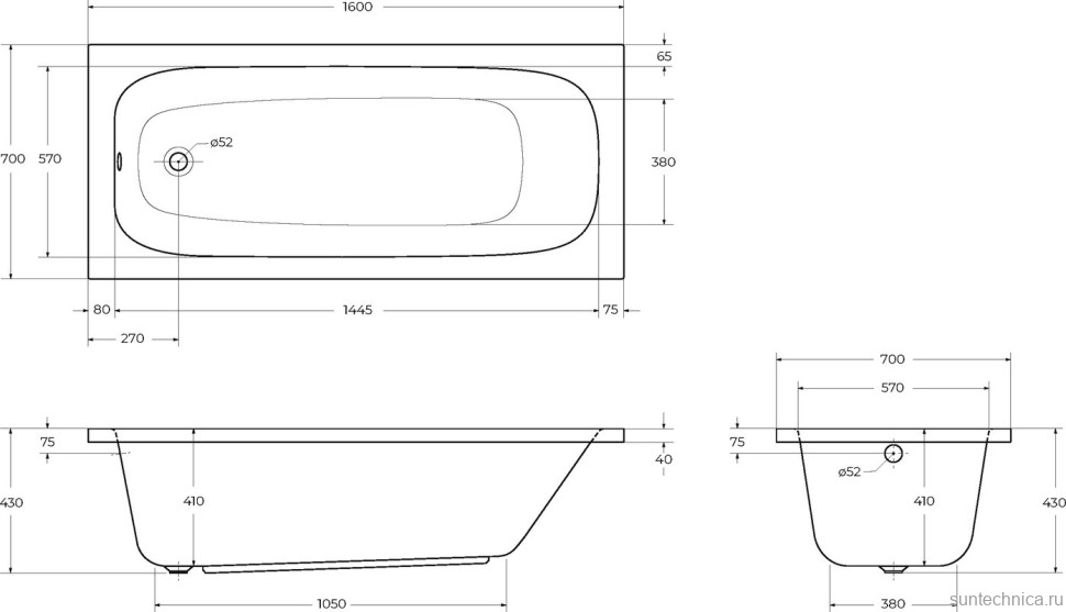 Акриловая ванна Cezares Eco 160x70 см, пристенная, белая, с каркасом