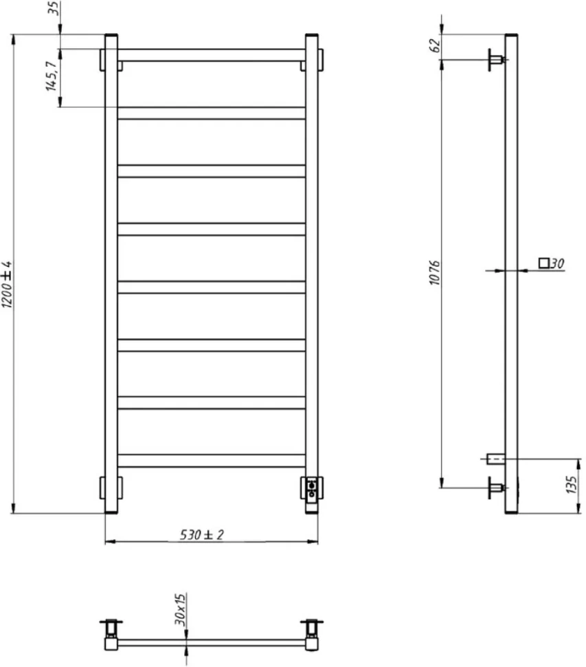 Полотенцесушитель электрический Grota Soffi K 530х1200 NP EL 120x55 см, подключение справа, слева, скрытое подключение справа, глянцевый хром, лесенка